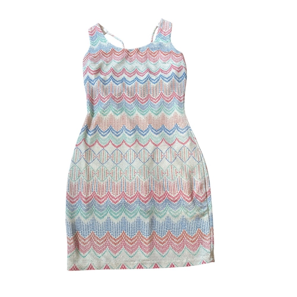 Aniina Bodycon Dress Womens Multicolor Chevron Metallic Strappy Back SIZE S‎